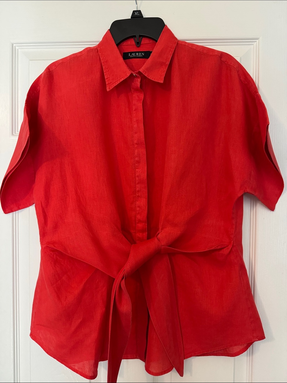 Lauren Ralph Lauren Bright Red Tie-Front Short Sleeve Blouse